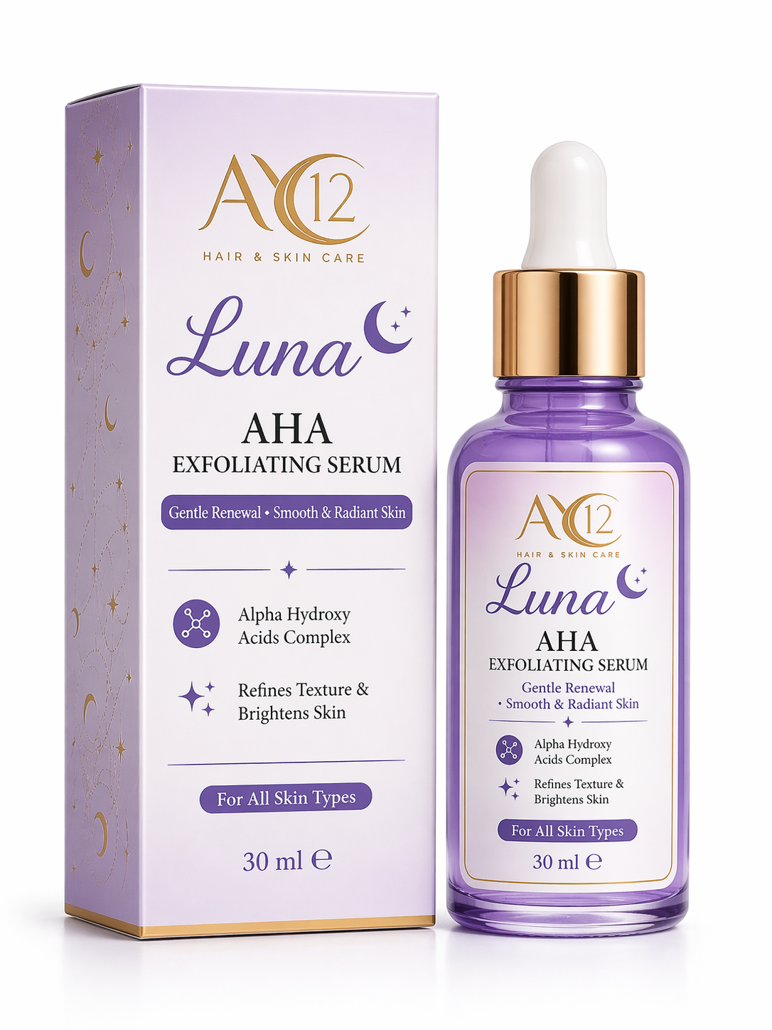 AY12 Luna AHA Exfoliating Serum with packaging
